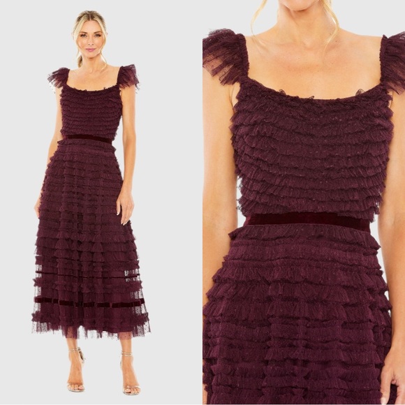NWT | Mac Duggal 8054 Purple Ruffle Cap Sleeve Tiered Midi Dress Amethyst - Picture 1 of 6
